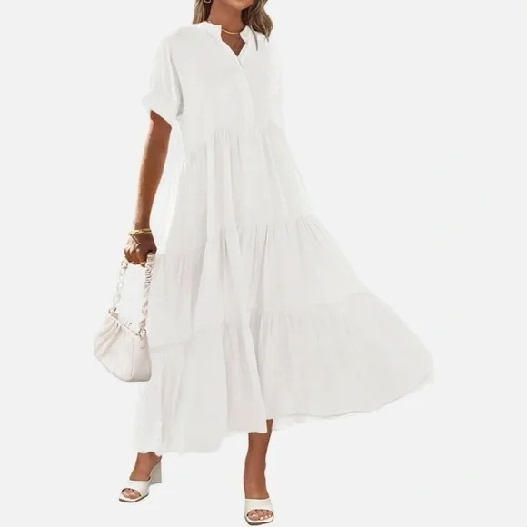 Boho Vibes White Button down Ruffle Short Sleeve Dress - Picture 1 of 7